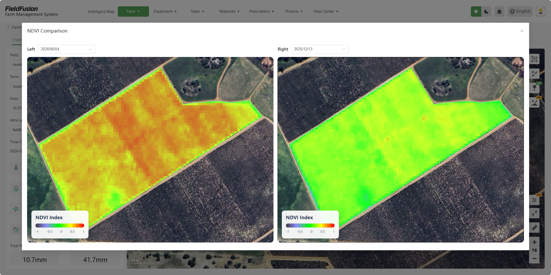FieldFusion Pro NDVI comparison between two dates