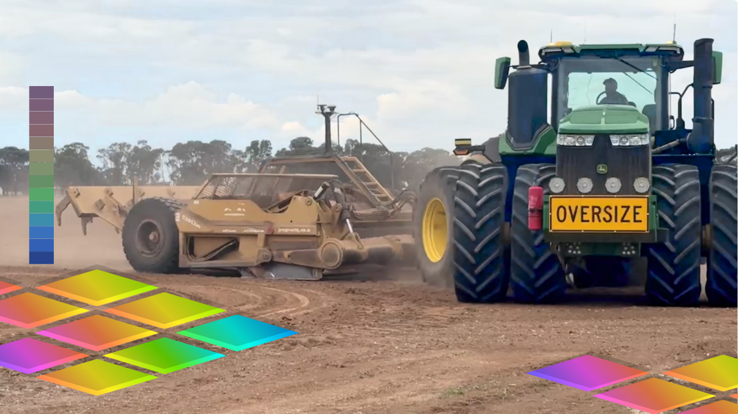 John Deere tractor and scraper operating with AL02 landforming in Australia