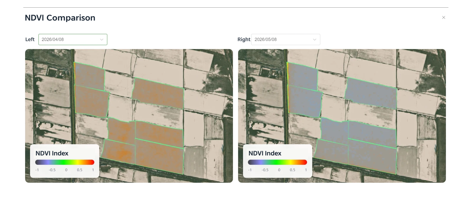 Cotton field baseline NDVI comparison, April 8 and May 8, 2026