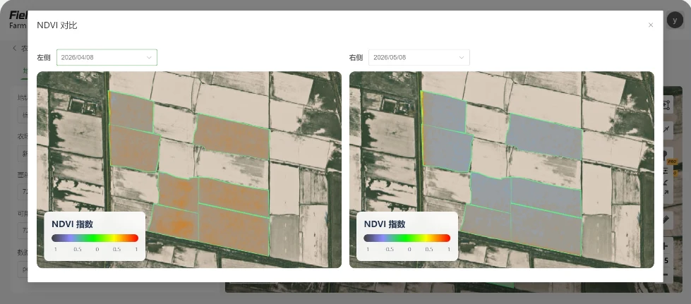 2026年4月8日至5月8日棉田早期 NDVI 对比
