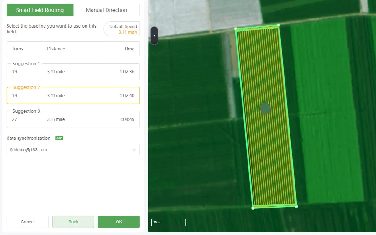 FieldFusion route planning example showing alternative paths for a field operation
