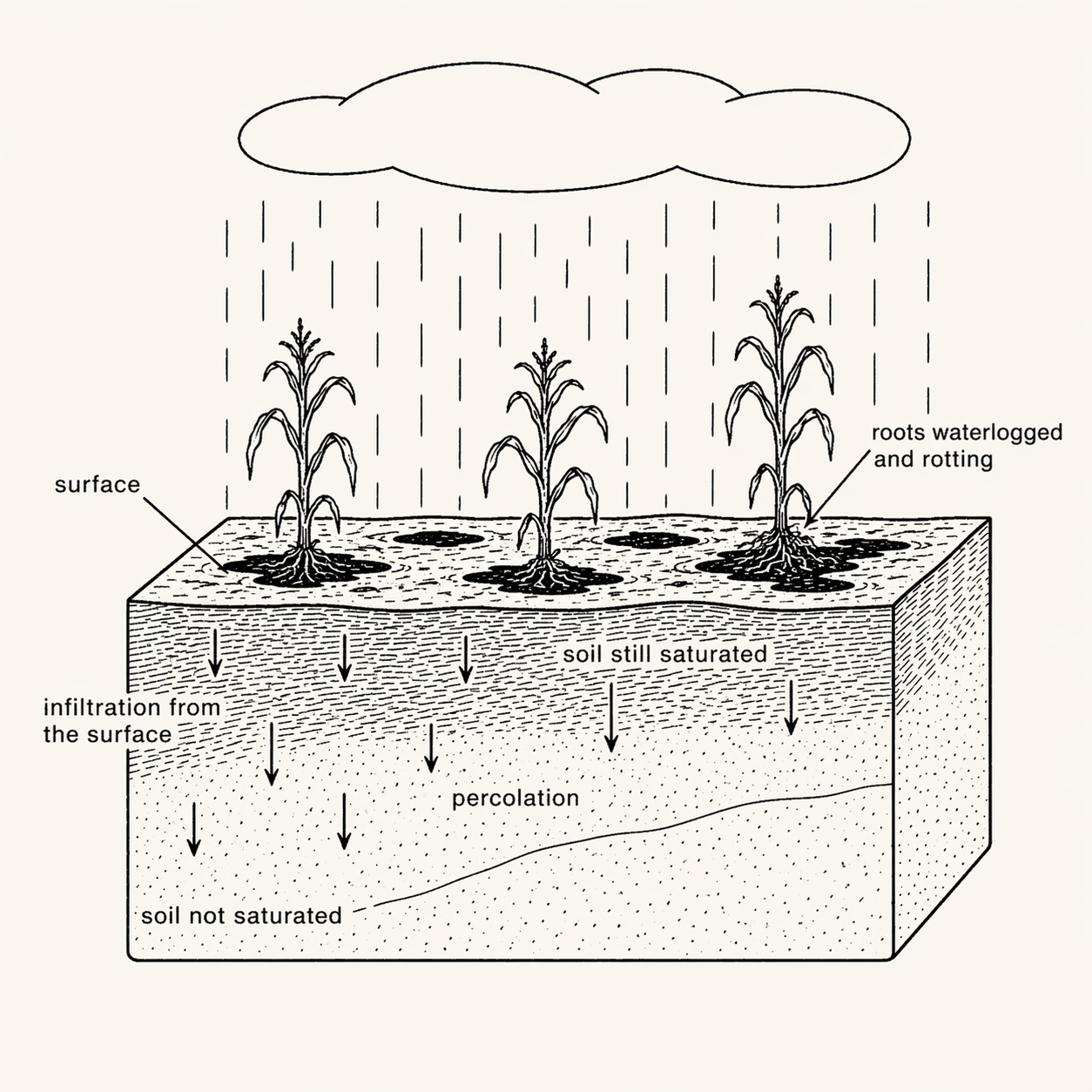 Waterlogged soil diagram showing saturated surface and root damage