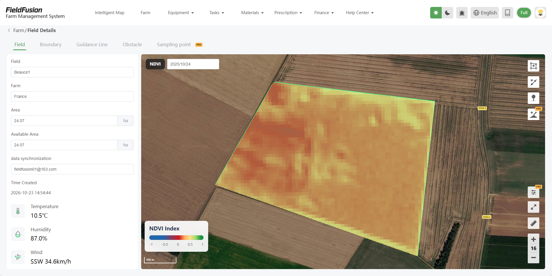 FieldFusion NDVI map dated October 24, 2025 showing orange and yellow areas inside one field boundary and a minus-one to plus-one legend