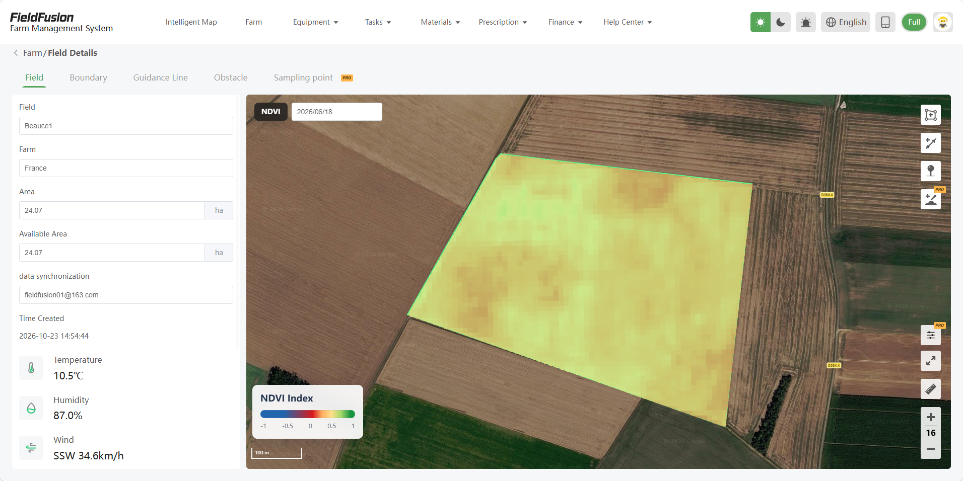 FieldFusion NDVI map dated June 18, 2026 with a greener upper-left patch and mostly pale yellow vegetation patterns across the same field