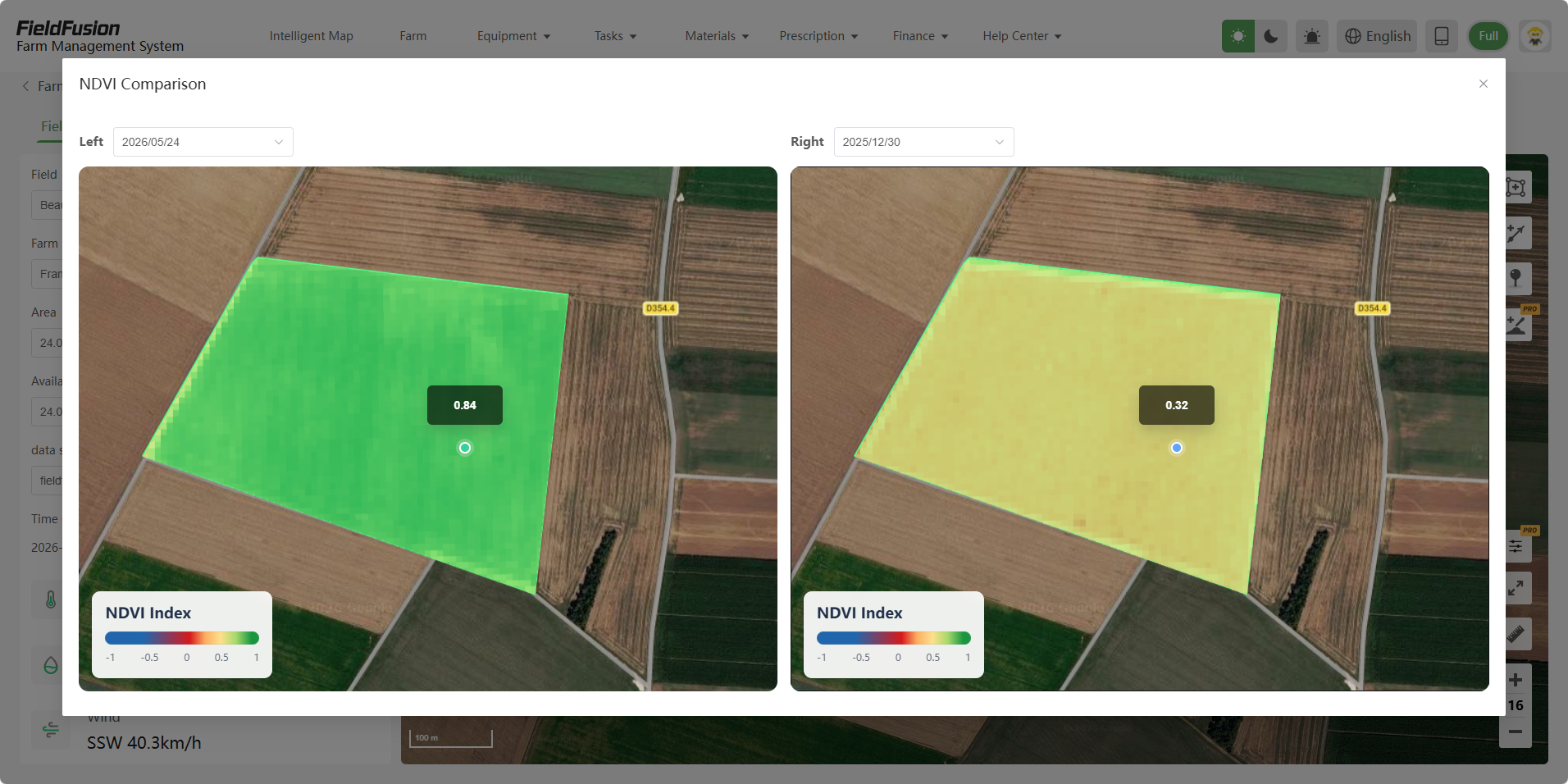 FieldFusion NDVI comparison: May 24, 2026 on the left with a sampled point value of 0.84, and December 30, 2025 on the right with a sampled point value of 0.32